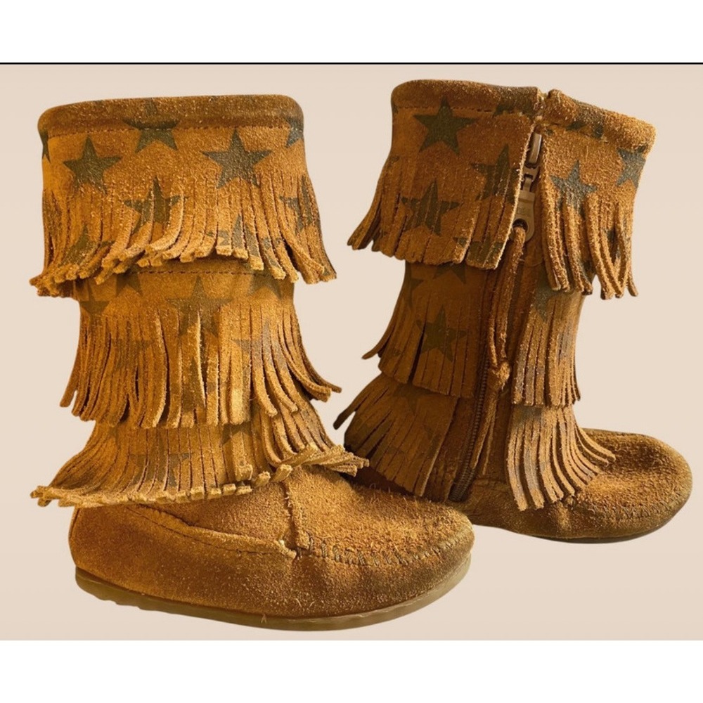 Minnetonka Moccasin Boots Brown Star triple Fringe Suede Size 9 Toddler